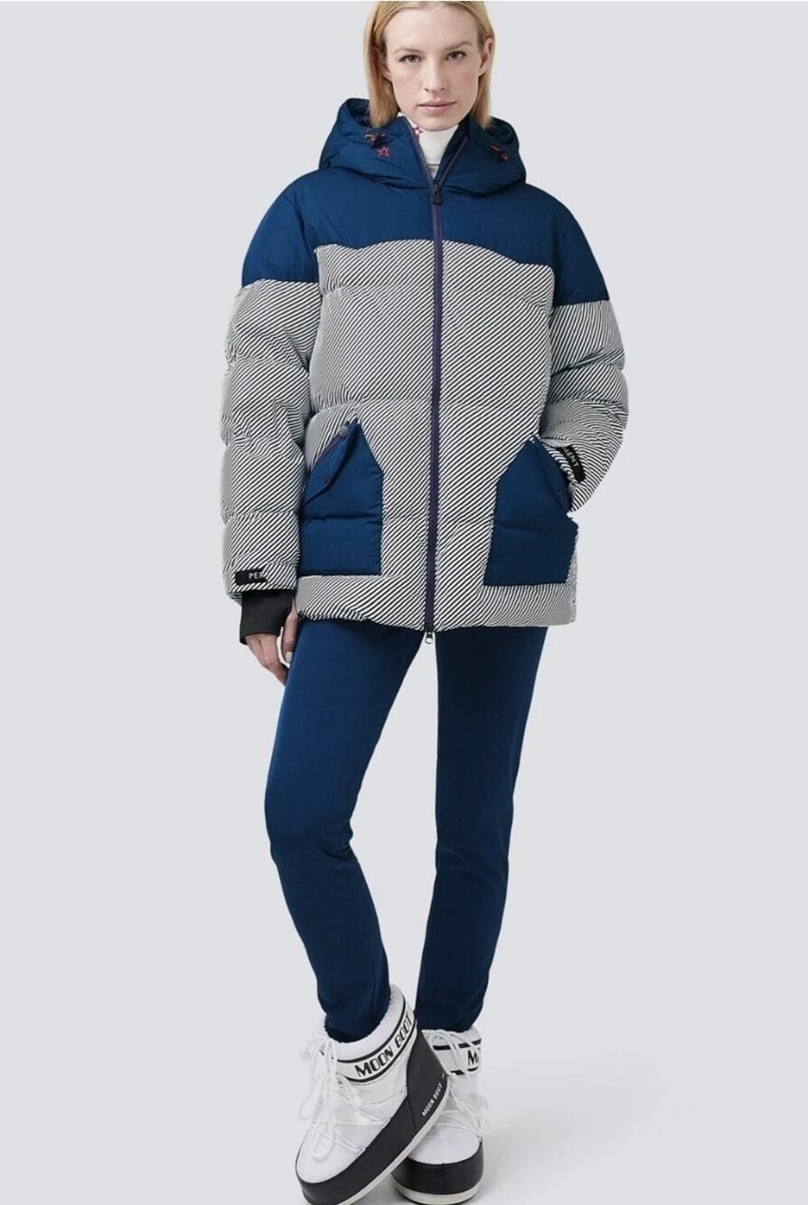 NWT Perfect Moment Womens Navy Pirtuk Striped Quilted Down Ski Jacket SZ XL New